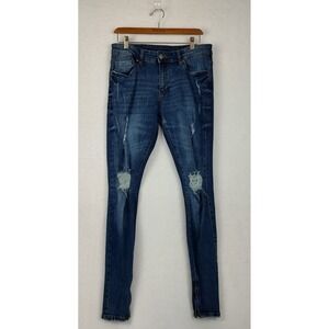 YOUNGLA Distressed Ripped Knee Skinny Jeans Zipper Ankle Blue 32x32